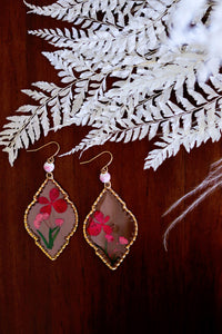 Pressed Flower Red Dangle Earrings