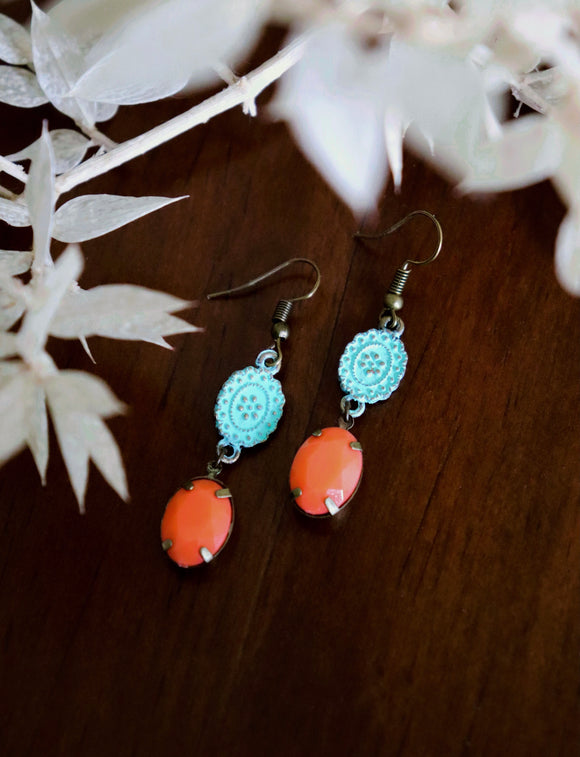 Rustic Mint and Coral Earrings