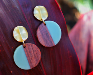 Turquoise and Wood Circle Drop Earrings