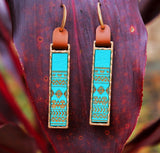 Etched Wood Pendant Earrings Turquoise