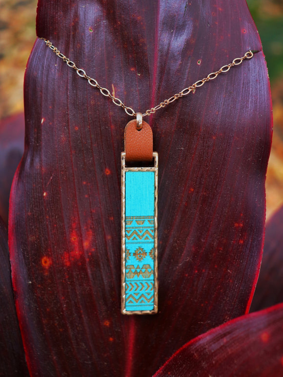 Etched Wood Pendant Necklace Turquoise