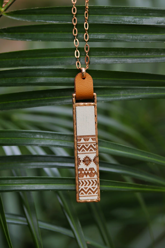 Etched Wood Pendant Necklace White