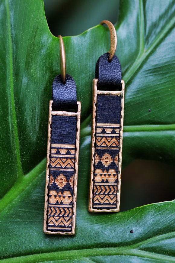 Etched Wood Pendant Earrings Black