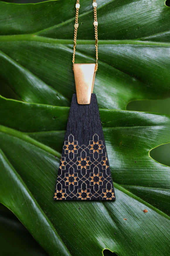 Etched Wood Triangle Pendant Necklace Black