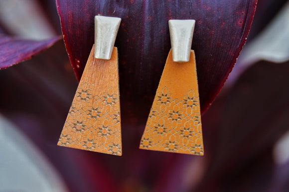 Etched Wood Triangle Pendant Earrings Tan