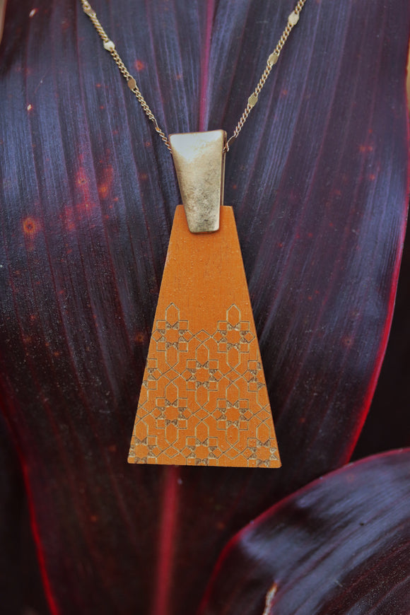 Etched Wood Triangle Pendant Necklace Tan