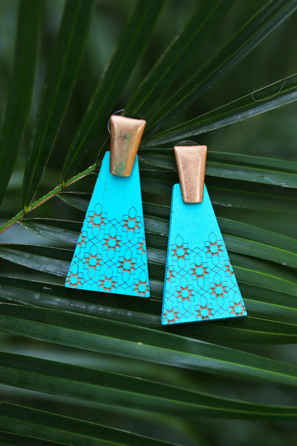 Etched Wood Triangle Pendant Earrings Turquoise