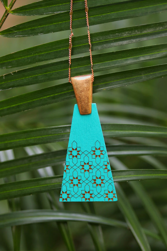 Etched Wood Triangle Pendant Necklace Turquoise