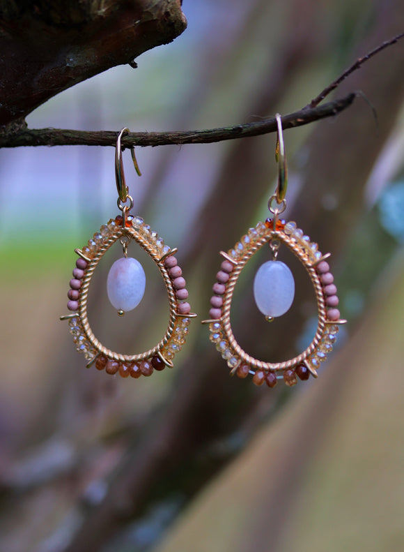 Tan and White Beaded Dangle Earrings