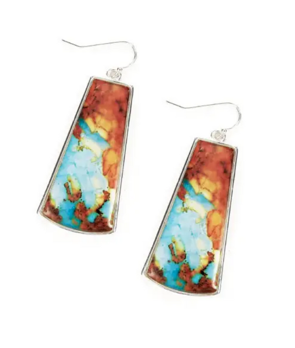 Silver Rectangle Color Print Enamel Earrings