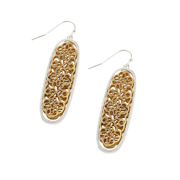 Two-Tone Gold Filigree Metal Design Oval Hoops Earrings