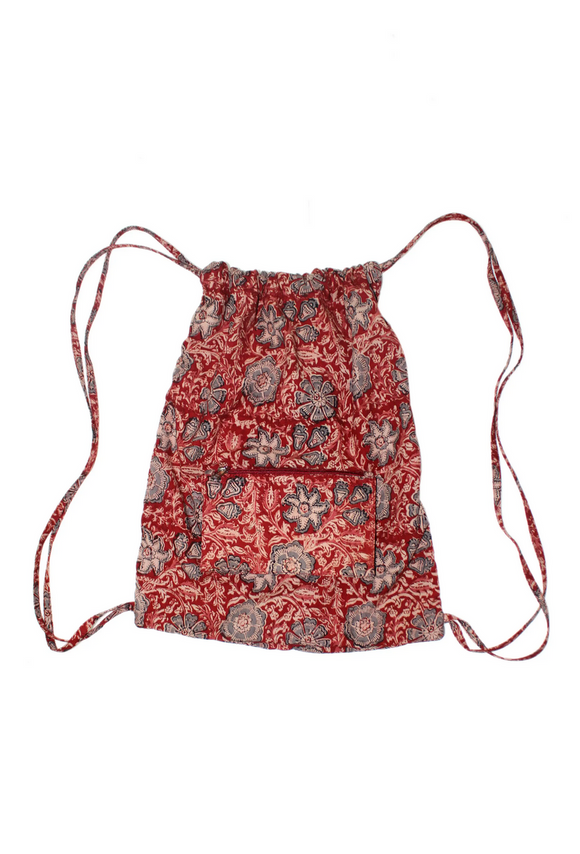 Hand Made Drawstring Backpack Flowers Red